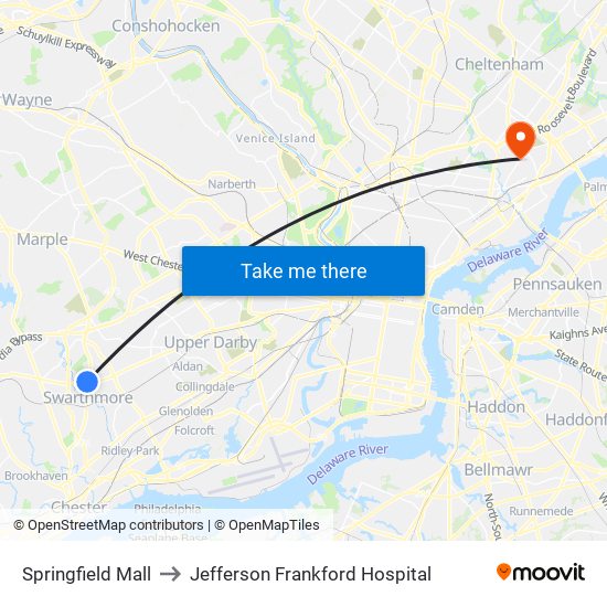 Springfield Mall to Jefferson Frankford Hospital map