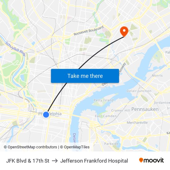 JFK Blvd & 17th St to Jefferson Frankford Hospital map