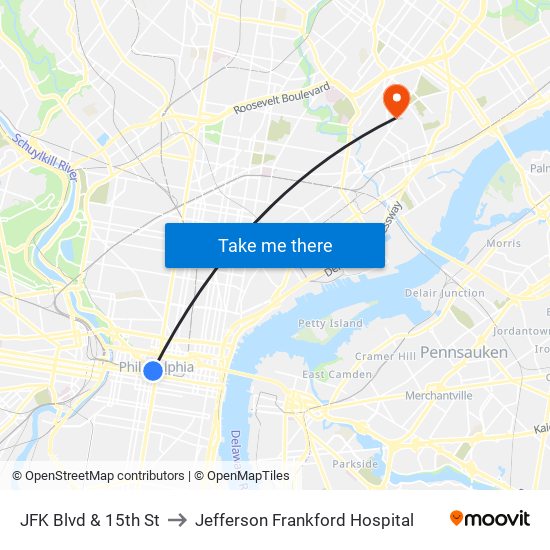JFK Blvd & 15th St to Jefferson Frankford Hospital map