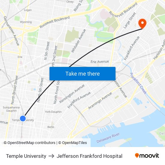 Temple University to Jefferson Frankford Hospital map