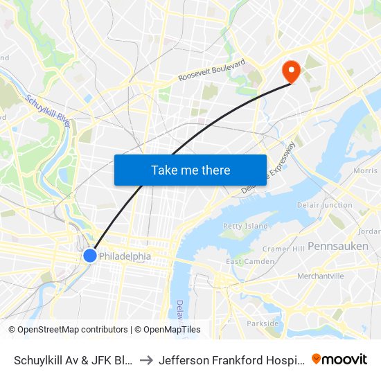 Schuylkill Av & JFK Blvd to Jefferson Frankford Hospital map