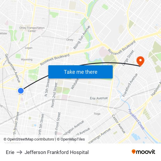 Erie to Jefferson Frankford Hospital map