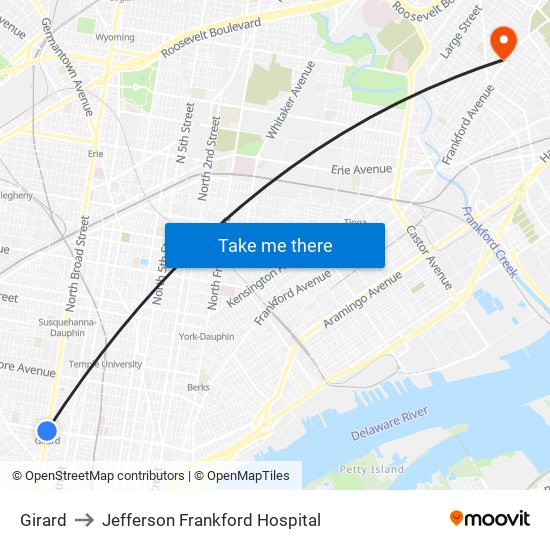 Girard to Jefferson Frankford Hospital map