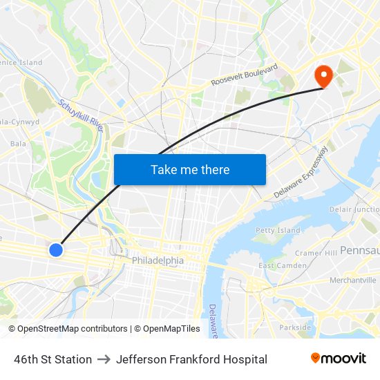 46th St Station to Jefferson Frankford Hospital map