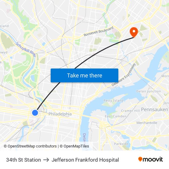 34th St Station to Jefferson Frankford Hospital map