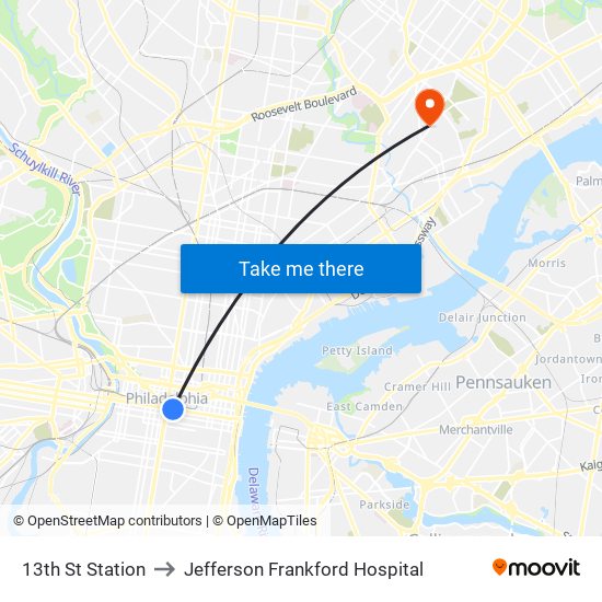 13th St Station to Jefferson Frankford Hospital map