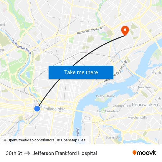 30th St to Jefferson Frankford Hospital map