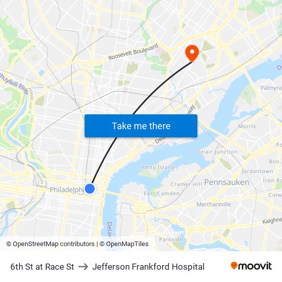 6th St at Race St to Jefferson Frankford Hospital map