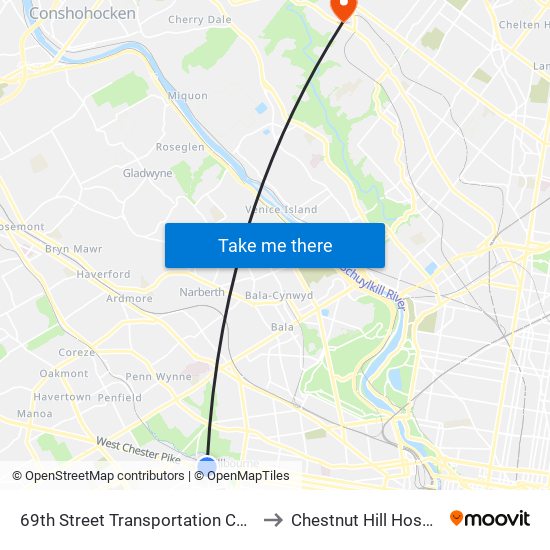 69th Street Transportation Center to Chestnut Hill Hospital map