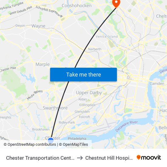 Chester Transportation Center to Chestnut Hill Hospital map