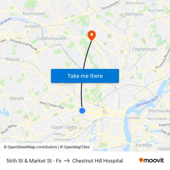 56th St & Market St - Fs to Chestnut Hill Hospital map