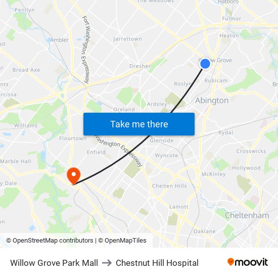 Willow Grove Park Mall to Chestnut Hill Hospital map