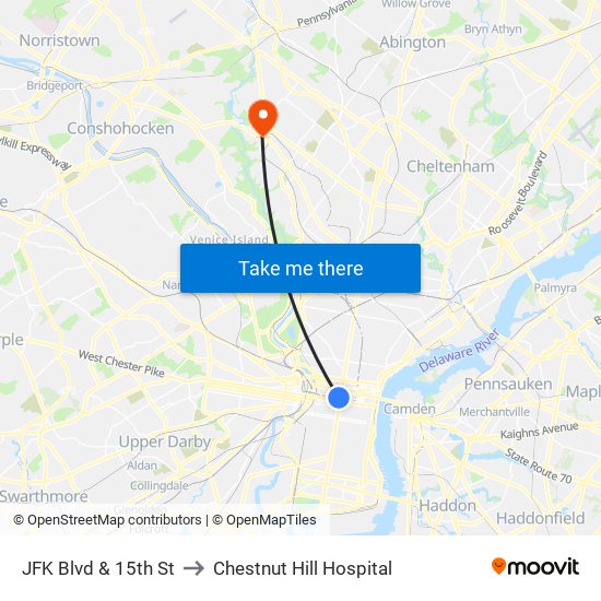 JFK Blvd & 15th St to Chestnut Hill Hospital map