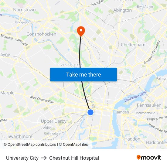 University City to Chestnut Hill Hospital map