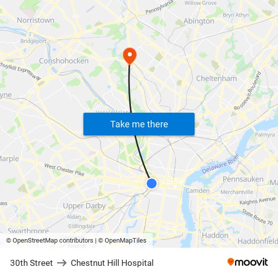 30th Street to Chestnut Hill Hospital map