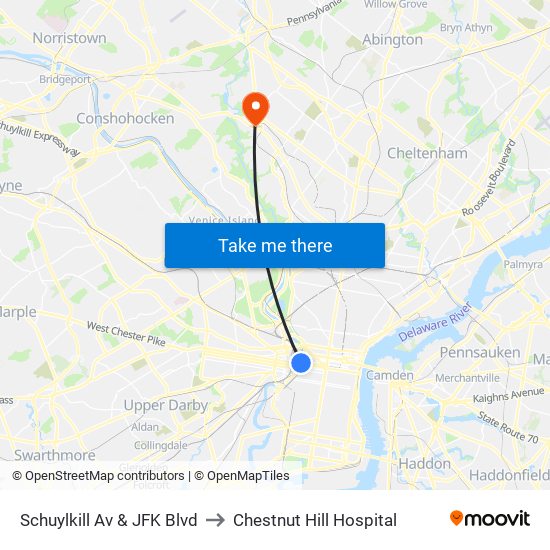 Schuylkill Av & JFK Blvd to Chestnut Hill Hospital map