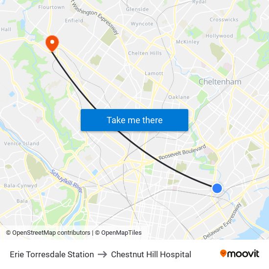 Erie Torresdale Station to Chestnut Hill Hospital map