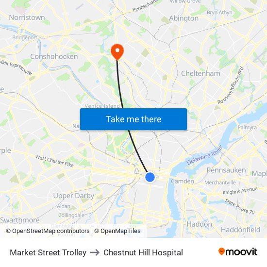 Market Street Trolley to Chestnut Hill Hospital map