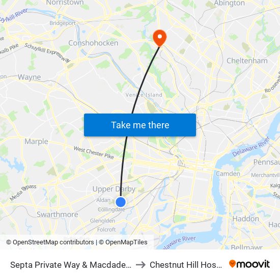 Septa Private Way & Macdade Blvd to Chestnut Hill Hospital map