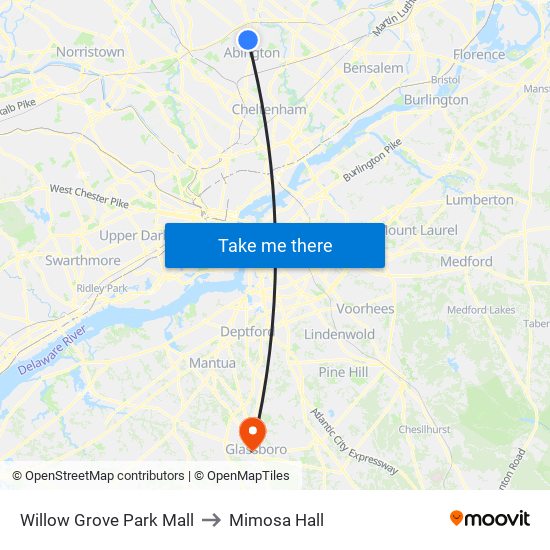 Willow Grove Park Mall to Mimosa Hall map