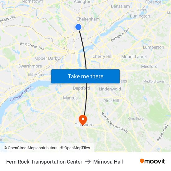 Fern Rock Transportation Center to Mimosa Hall map