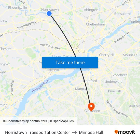 Norristown Transportation Center to Mimosa Hall map
