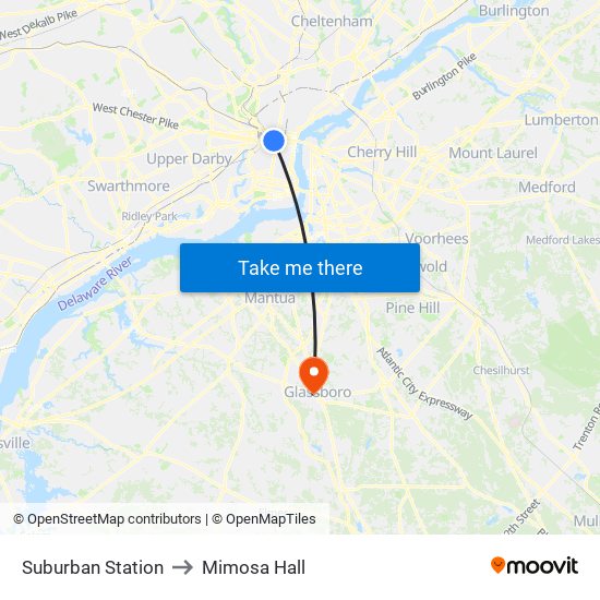 Suburban Station to Mimosa Hall map