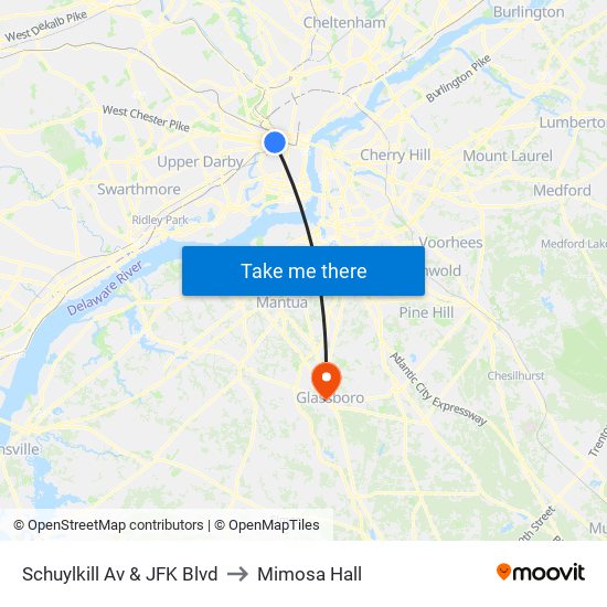 Schuylkill Av & JFK Blvd to Mimosa Hall map