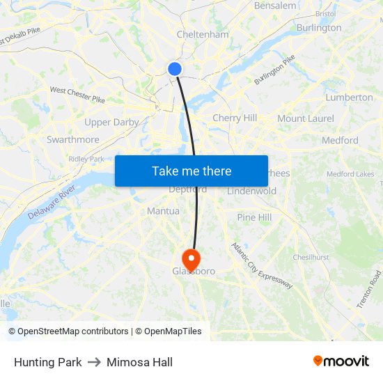 Hunting Park to Mimosa Hall map