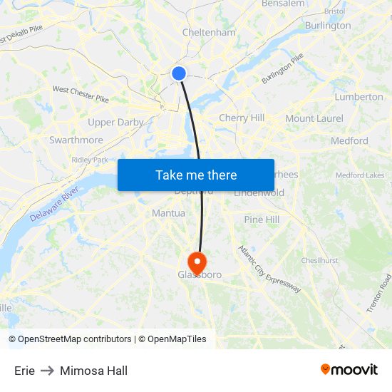 Erie to Mimosa Hall map