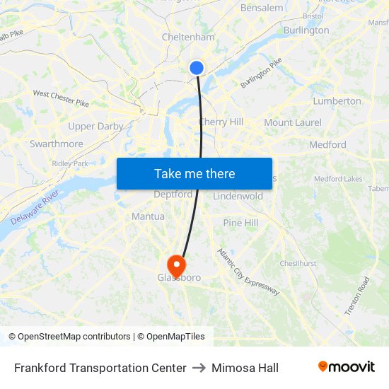 Frankford Transportation Center to Mimosa Hall map