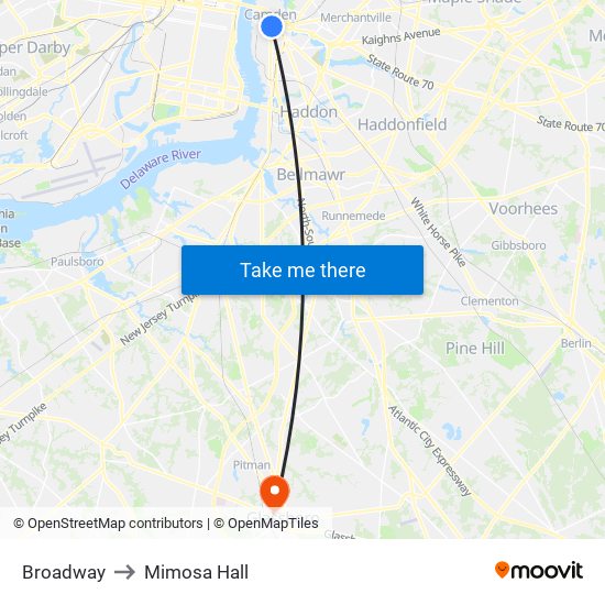 Broadway to Mimosa Hall map