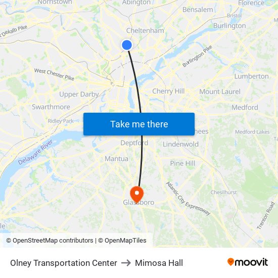 Olney Transportation Center to Mimosa Hall map