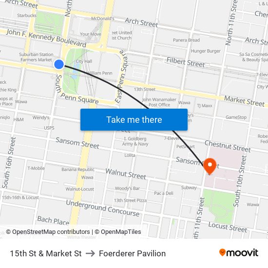 15th St & Market St to Foerderer Pavilion map