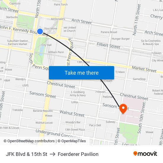 JFK Blvd & 15th St to Foerderer Pavilion map