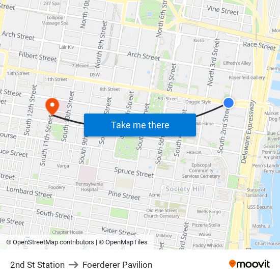 2nd St Station to Foerderer Pavilion map