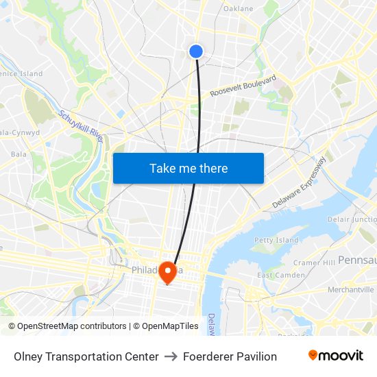 Olney Transportation Center to Foerderer Pavilion map