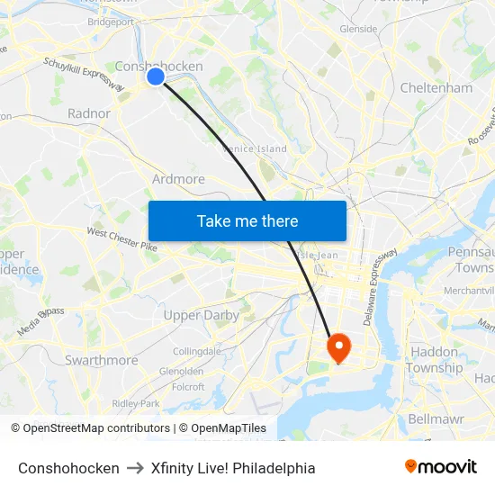 Conshohocken to Xfinity Live! Philadelphia map