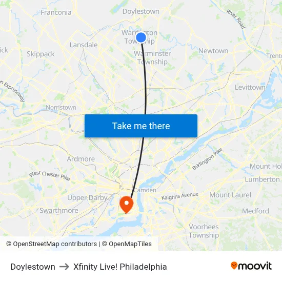 Doylestown to Xfinity Live! Philadelphia map