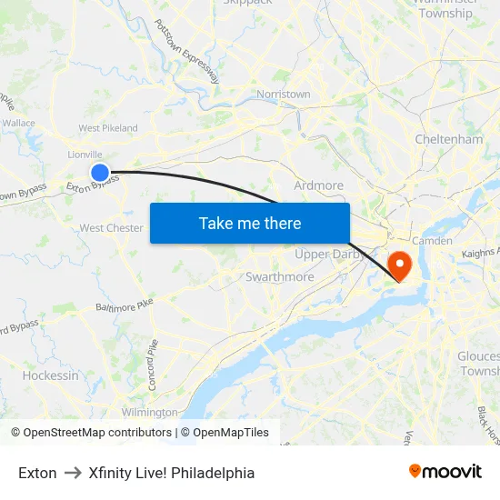 Exton to Xfinity Live! Philadelphia map