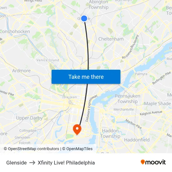 Glenside to Xfinity Live! Philadelphia map