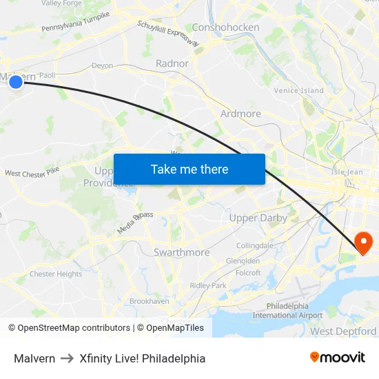 Malvern to Xfinity Live! Philadelphia map
