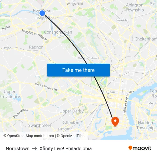 Norristown to Xfinity Live! Philadelphia map