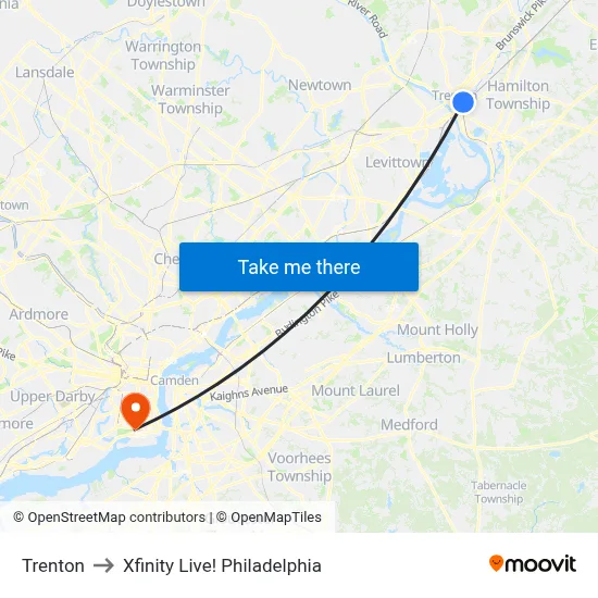 Trenton to Xfinity Live! Philadelphia map