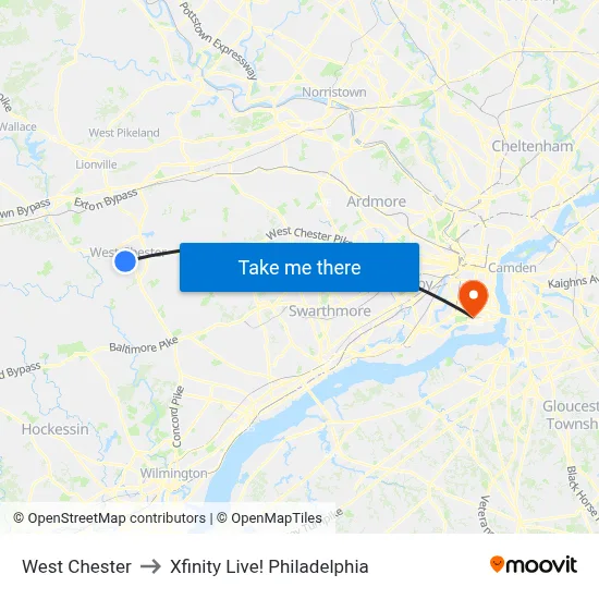 West Chester to Xfinity Live! Philadelphia map