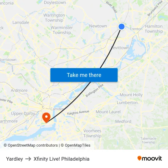 Yardley to Xfinity Live! Philadelphia map