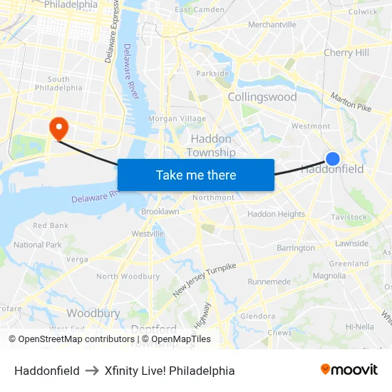 Haddonfield to Xfinity Live! Philadelphia map