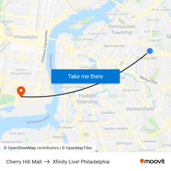 Cherry Hill Mall to Xfinity Live! Philadelphia map