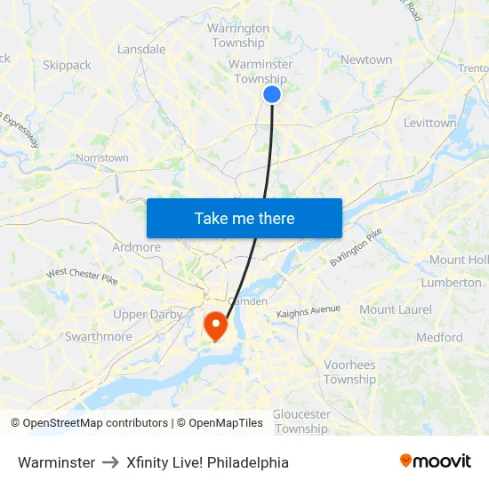 Warminster to Xfinity Live! Philadelphia map