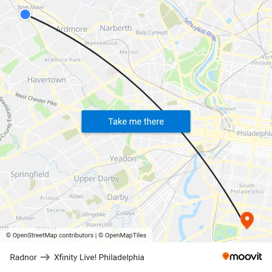 Radnor to Xfinity Live! Philadelphia map